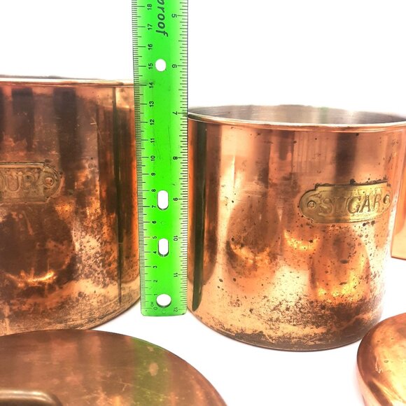Vintage Copper Kitchen Canister Set Flour Sugar Coffee Tea Rustic Farmhouse - Picture 10 of 12